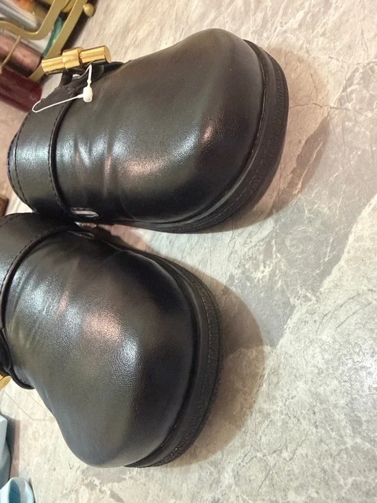 Zara Black Leather Slip-On Mules with Gold Bamboo Buckle - Picture 5 of 6